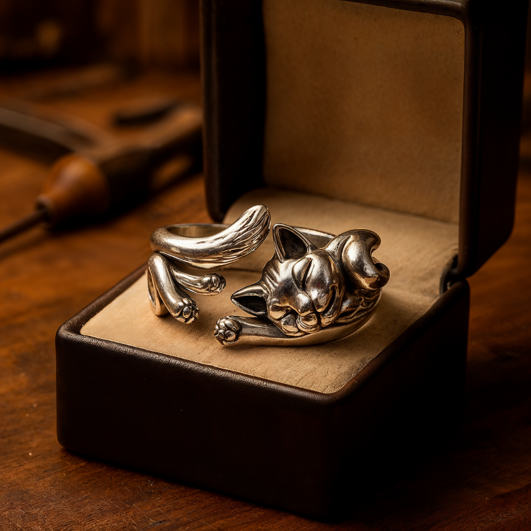 Vintage ring met kat in zilver