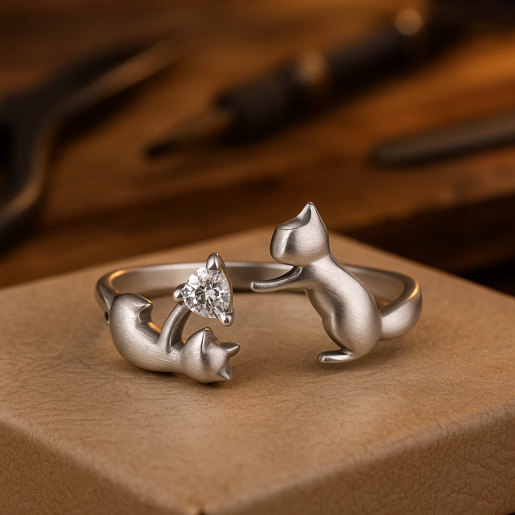 Verstelbare ring van sterling zilver met een speelse kat en zirkonia