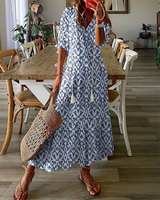 LISA | Lange Geprinte Jurk met 3/4 Mouwen en Elegante Koorddetails