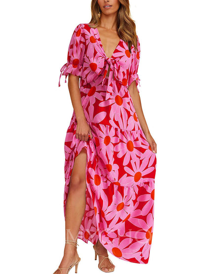 Bloemen strandjurk met korte mouwen