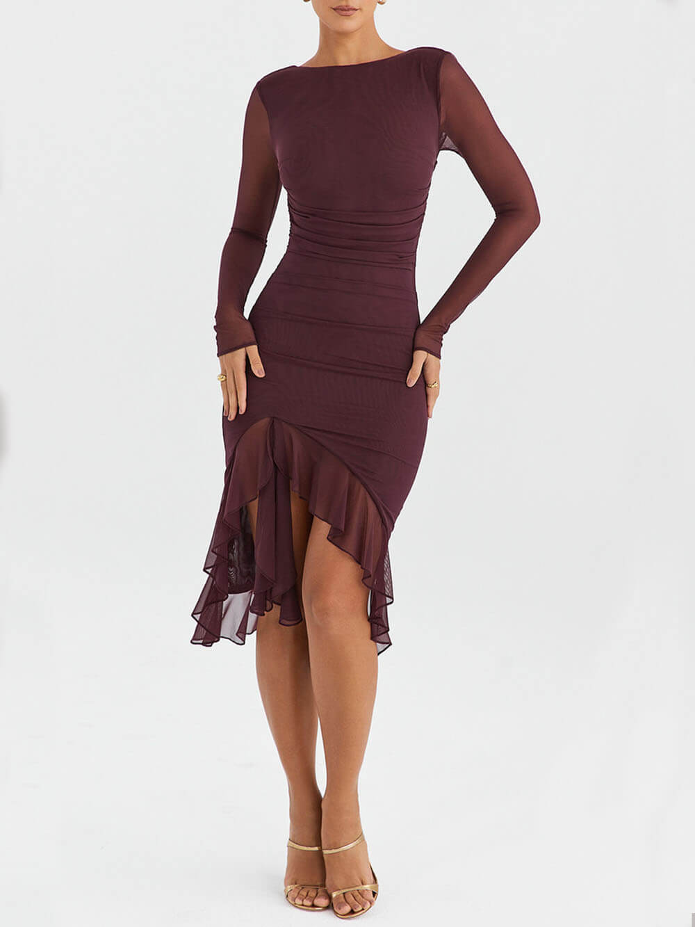 Midi-jurk met bordeaux volant