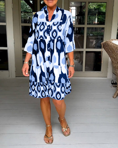 FLORA | Geprinte Jurk met 3/4 Mouwen en A-Lijn Snit voor een Elegante en Ontspannen Look