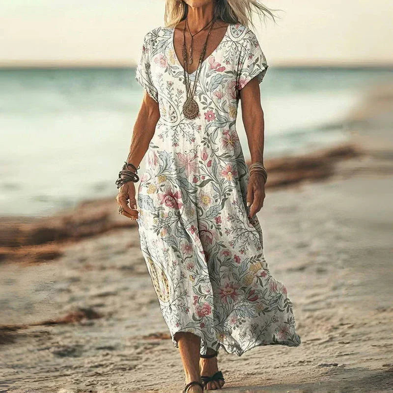 MIRAVELLE | Midi Vintage Jurk met Vloeiende Snit en Ontspannen Elegantie voor Zomerse Dagen