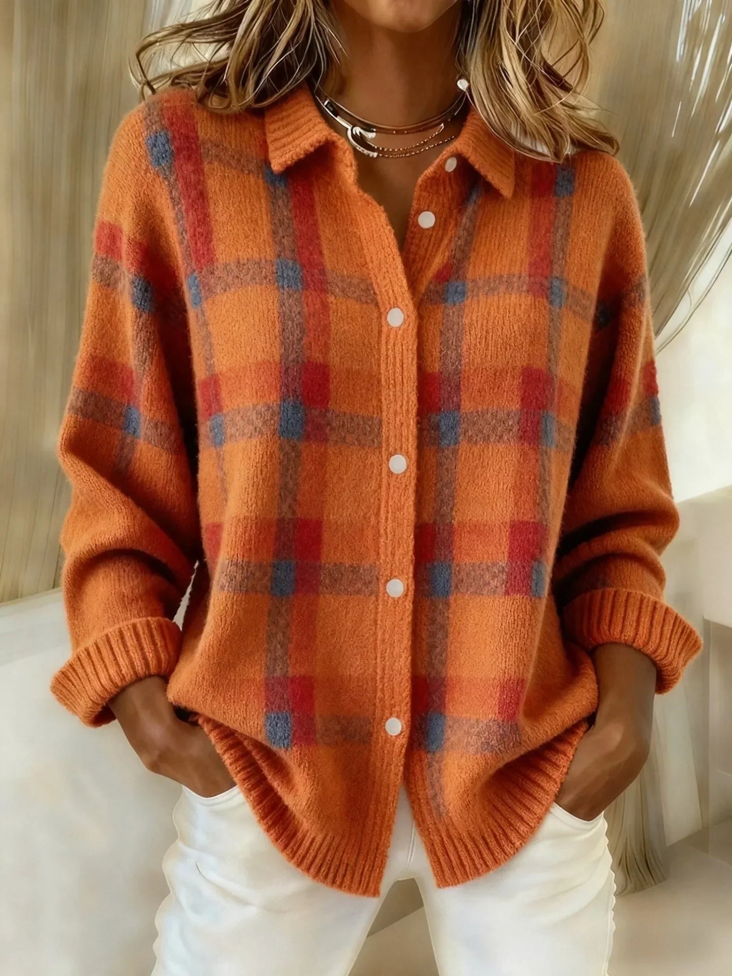 ANNETTA| Retro Geruit Casual Trui met Contrast