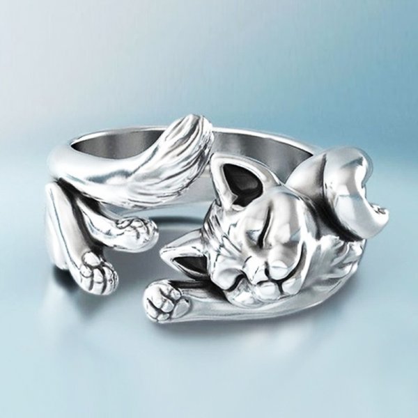 Vintage ring met kat in zilver