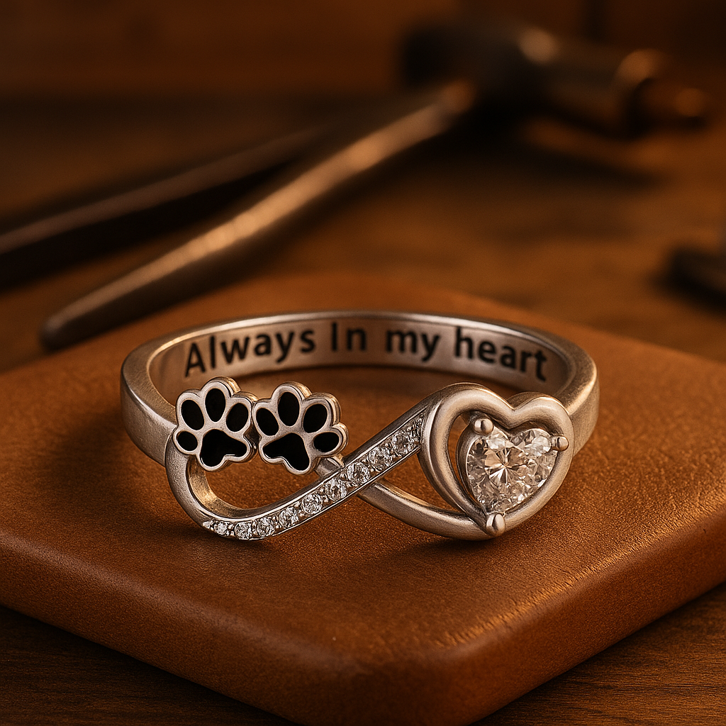 Ring met zirconia in de vorm van een pootje met een ontwerp in de vorm van een hart en oneindigheid