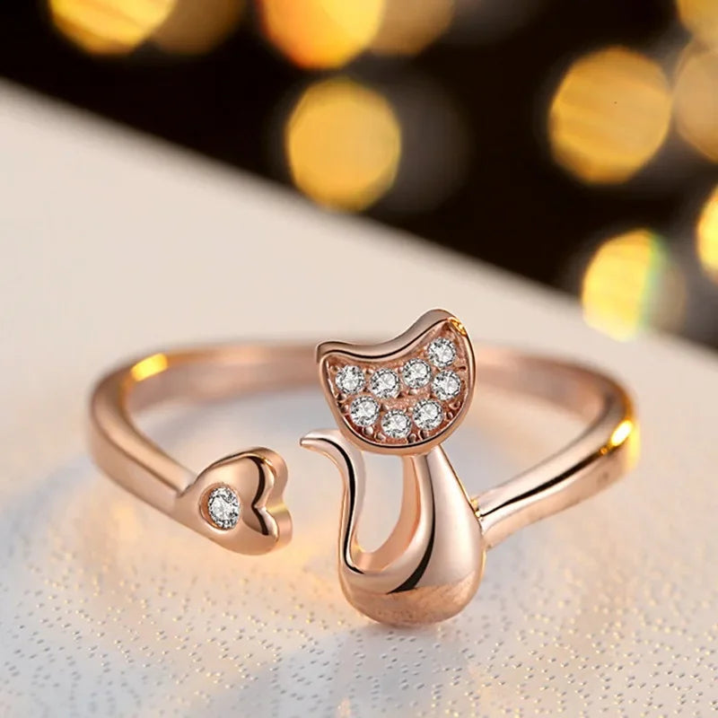 Open ring met schattige kat – Zirkonia