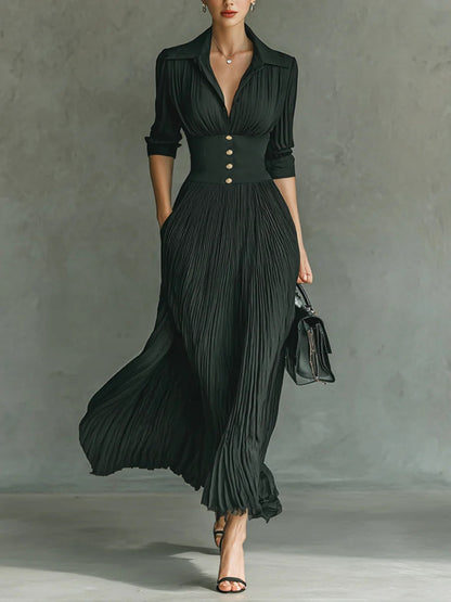 MIA | Lange geplooide jurk met revers en hoge taille