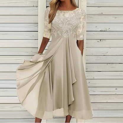 SANNE | Elegante Jurk met Kant en Vloeiende Rok