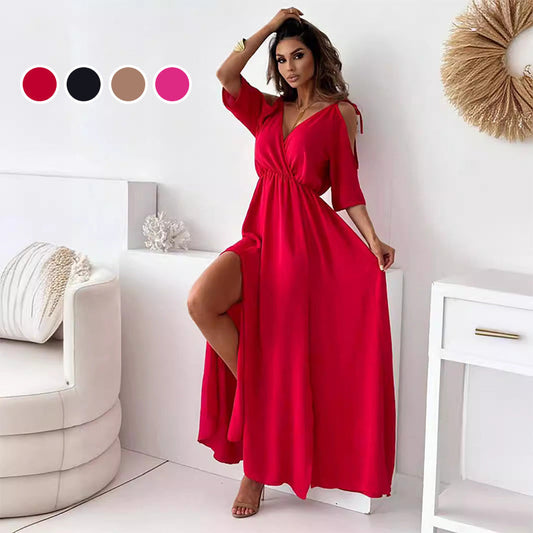 MEREL | Elegante Jurk met Zijsplit en V-hals voor een Flatterende en Vrouwelijke Stijl